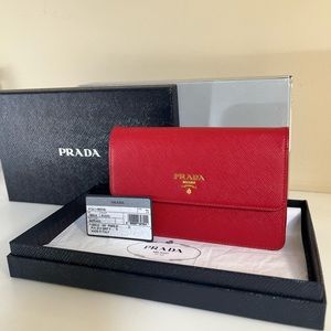 EUC Prada Saffiano Wallet On Chain Strap WOC in Fuoco Red Valentine’s Day